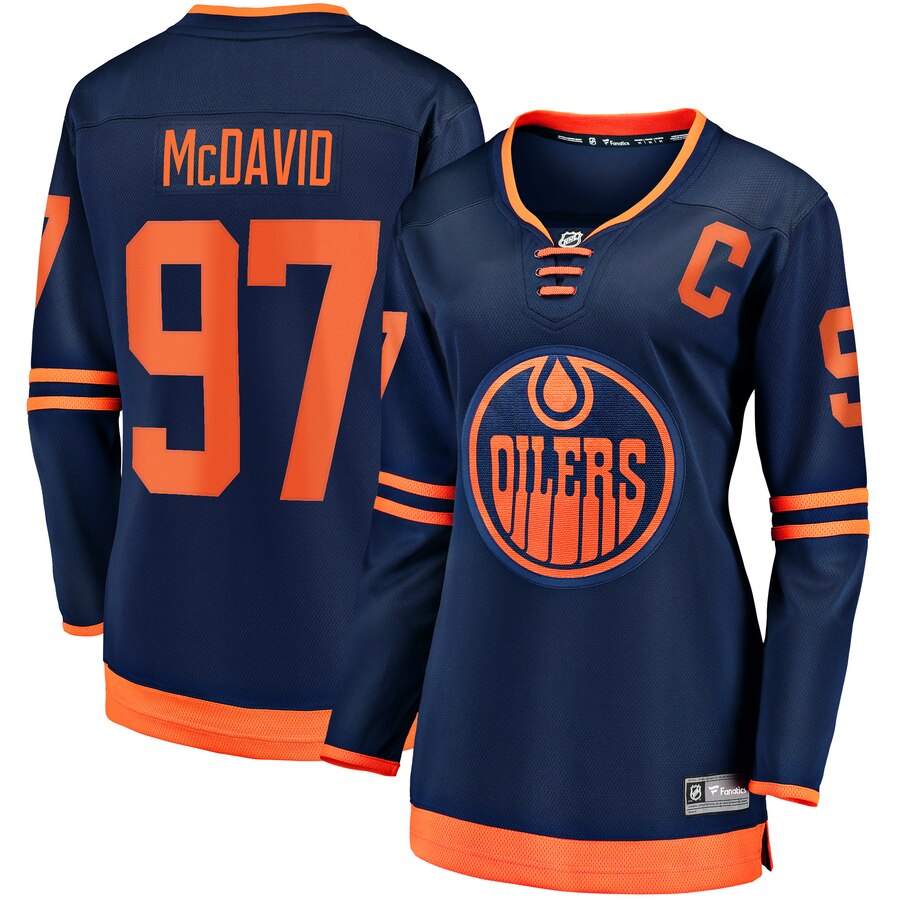 Women Edmonton Oilers #97 Connor McDavid Blue Home Stitched NHL Jersey->women nfl jersey->Women Jersey